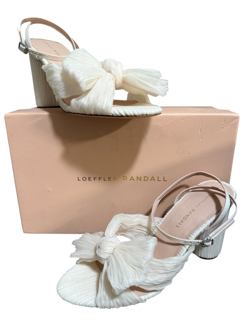 Loeffler Randall Camellia Pleated Bow Heel Sandals – Pearl – Size 8.5